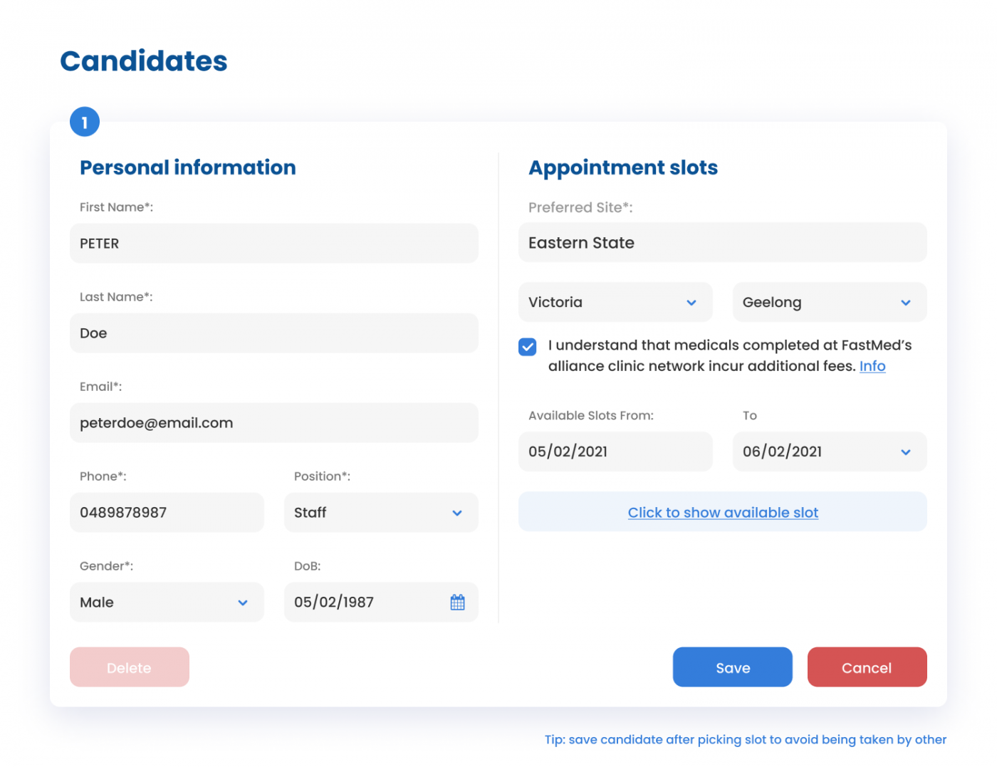 Medical booking add candidate